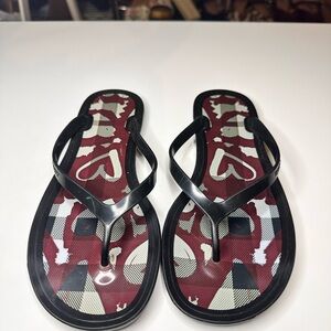 Burberry Black Strap Sandals with Burgundy Check and Motif